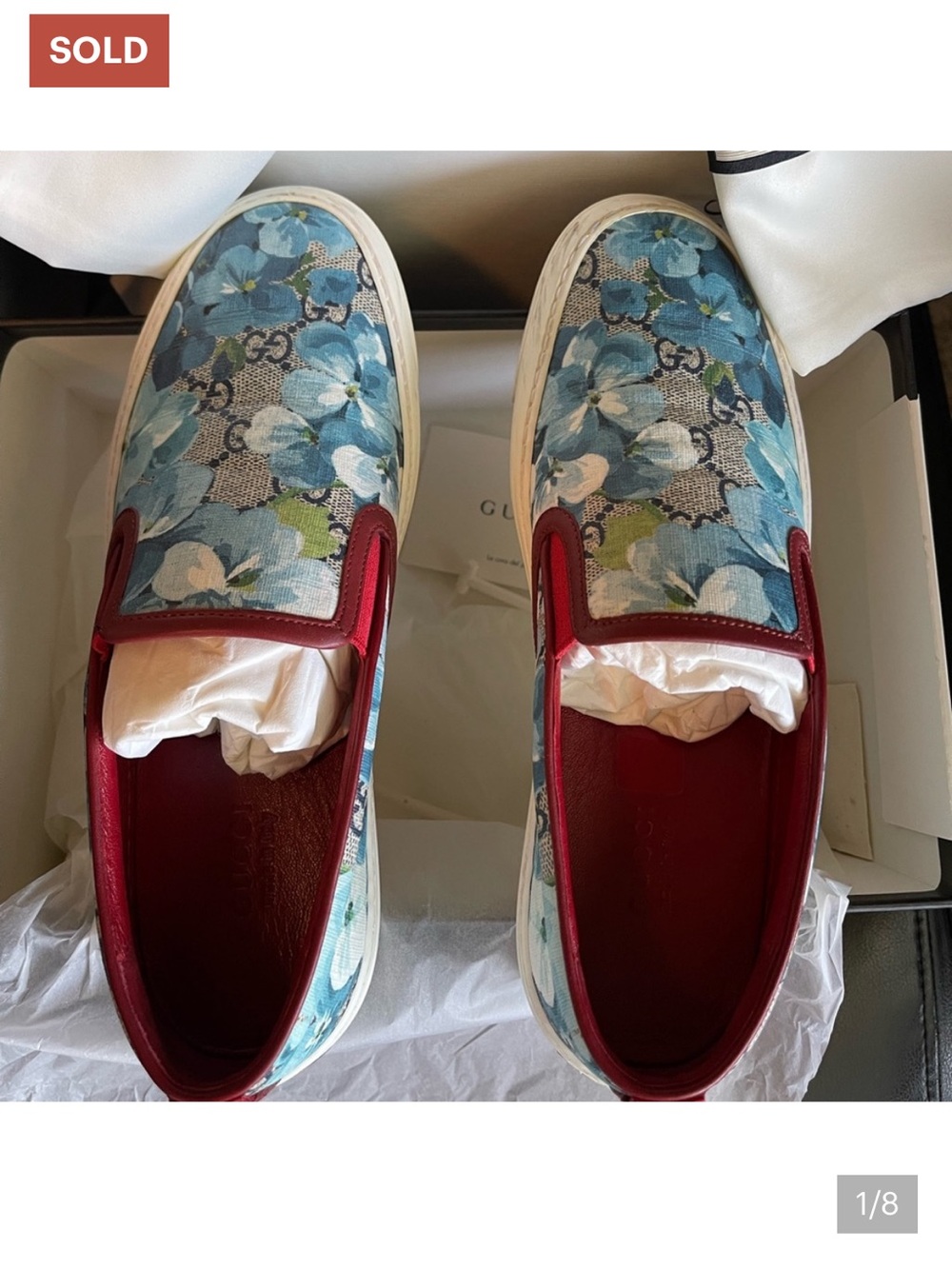 Gucci Blue Floral GG Canvas Slip-On Sneakers with Red Trim - Picture 7 of 9